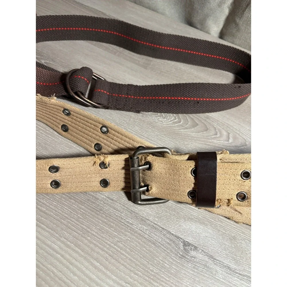 Mens Belt Lot L Web Set Brown D-Ring Red Stitch & Tan Distressed Double Grommet